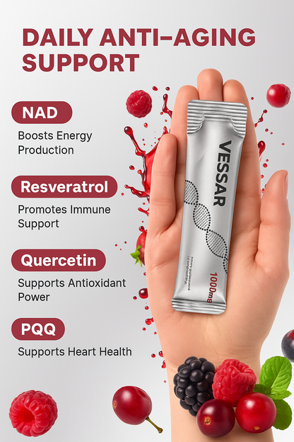 VESSAR 1000mg NAD+ Berry Flavor Drink Mix for Skin Aging Support, Energy, and Focus - 30 Pack -