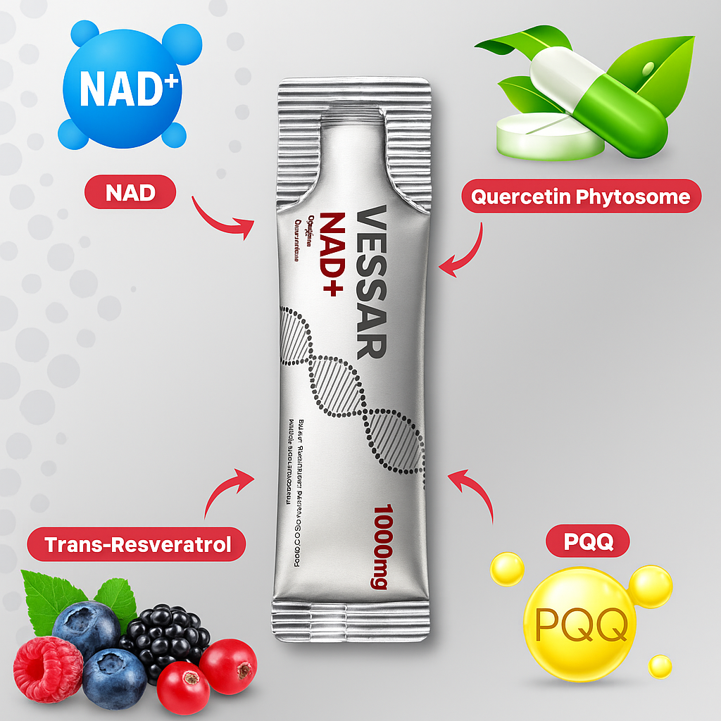 VESSAR 1000mg NAD+ Berry Flavor Drink Mix for Skin Aging Support, Energy, and Focus - 30 Pack -