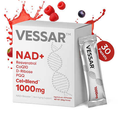 VESSAR 1000mg NAD+ Berry Flavor Drink Mix for Skin Aging Support, Energy, and Focus - 30 Pack -