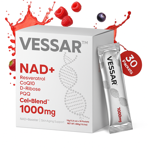 VESSAR 1000mg NAD+ Berry Flavor Drink Mix for Skin Aging Support, Energy, and Focus - 30 Pack -